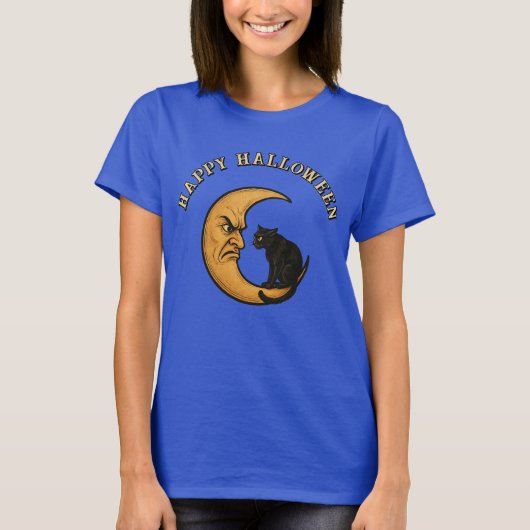 Zwarte kat op Angry Crescent Moon Halloween T-shirt (Voorkant)