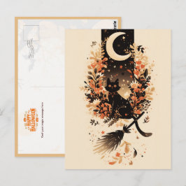 Zwarte kat op bezem van heks onder de maan briefkaart