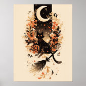 Zwarte kat op bezem van heks onder de maan poster (Voorkant)