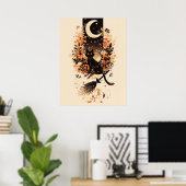 Zwarte kat op bezem van heks onder de maan poster (Thuiskantoor)