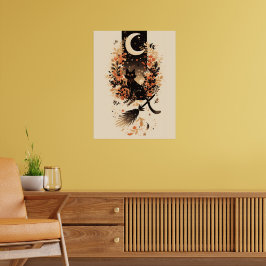Zwarte kat op bezem van heks onder de maan poster
