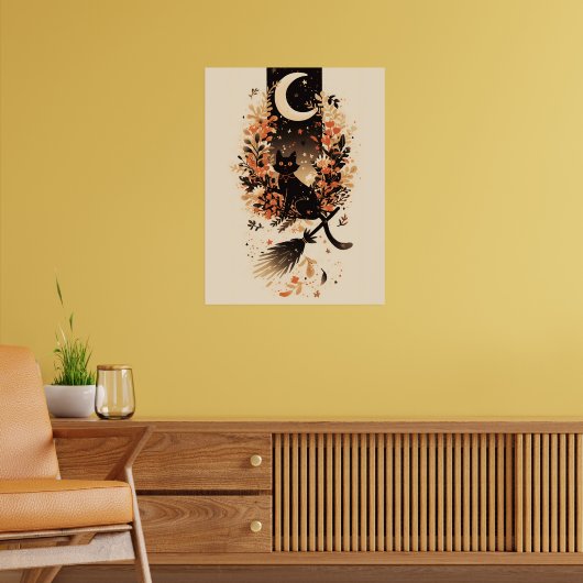 Zwarte kat op bezem van heks onder de maan poster (Woonkamer 2)