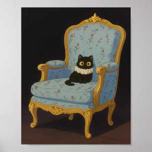 Zwarte Kat op Blauwe Bloemfauteuil Poster