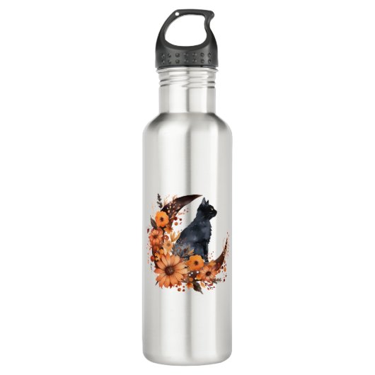 Zwarte Kat Op Bloemen Maan Pompoen Zwarte Kat Hall Waterfles (Voorkant)