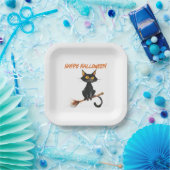 Zwarte kat op de bezem van een heks Happy Hallowee Papieren Bordje (Feest)
