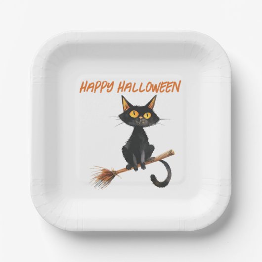 Zwarte kat op de bezem van een heks Happy Hallowee Papieren Bordje (Voorkant)