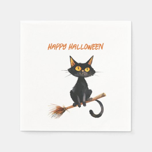 Zwarte kat op de bezem van een heks Happy Hallowee Servet (Voorkant)