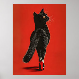 Zwarte Kat op de Catwalk – Mode Illustratie Poster