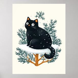 Zwarte kat op de kerstboom poster
