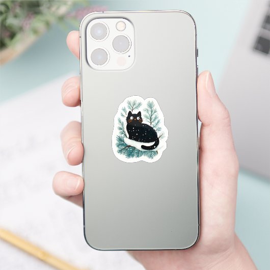 Zwarte kat op de kerstboom schattig sticker (Telefoon)