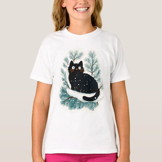 Zwarte kat op de kerstboom schattig t-shirt (Voorkant)