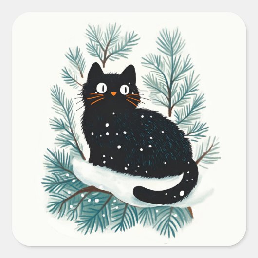 Zwarte kat op de kerstboom schattig vierkante sticker (Voorkant)