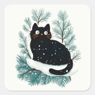 Zwarte kat op de kerstboom schattig vierkante sticker