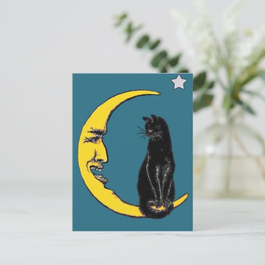 Zwarte kat op de maan briefkaart (Staand voorkant)