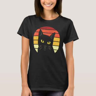 Zwarte kat op de Retro Sunset Women Mannen Childre T-shirt