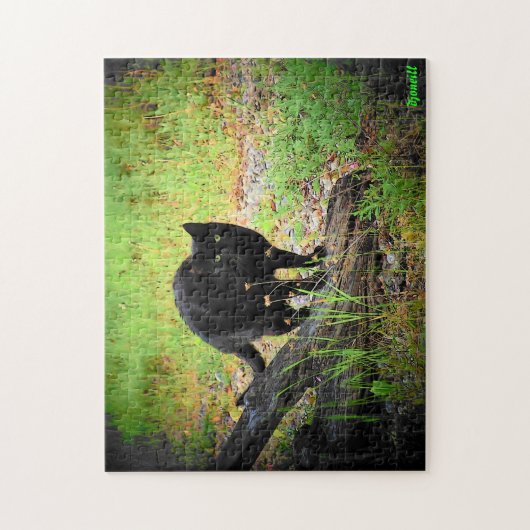 Zwarte kat op drijfhout legpuzzel (Verticaal)