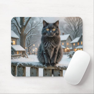 Zwarte Kat Op Een Besneeuwde Schutting Muismat