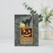 Zwarte kat op een houten hek met pompoen briefkaart (Staand voorkant)
