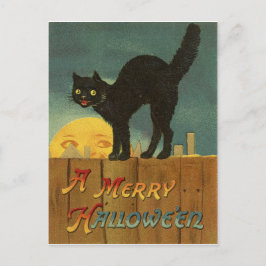 Zwarte kat op een omheining bij Halloween night,  Briefkaart