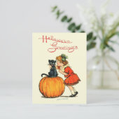 Zwarte kat op een pompoen briefkaart (Staand voorkant)