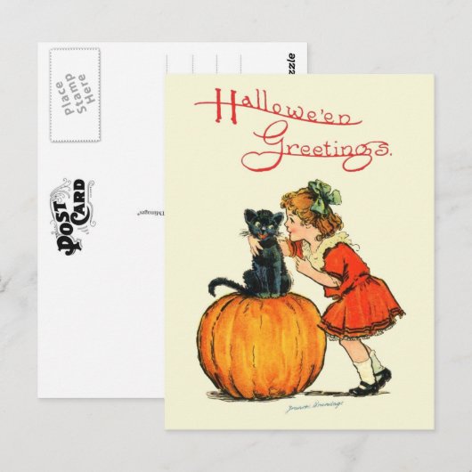 Zwarte kat op een pompoen briefkaart (Voorkant / Achterkant)