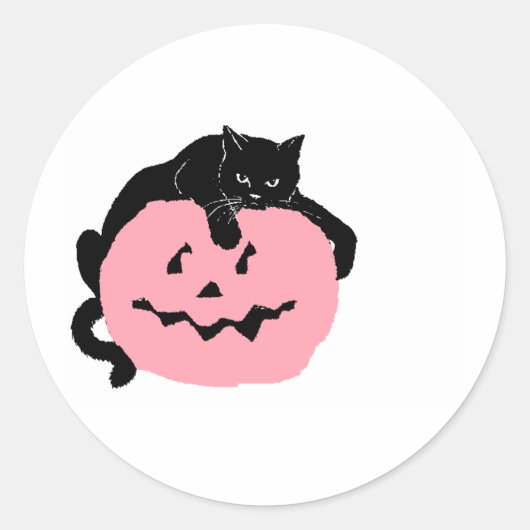 Zwarte kat op een roze pompoen ronde sticker (Voorkant)
