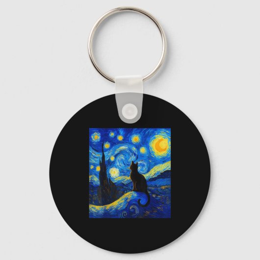 Zwarte kat op een Sterrennacht - Kattenliefhebber  Sleutelhanger (Voorkant)
