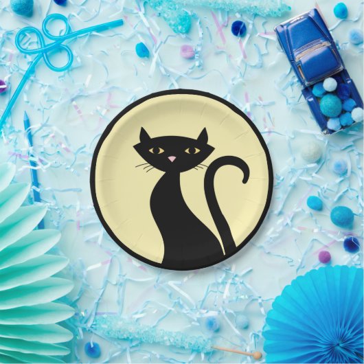 Zwarte Kat op geel Papieren Bordje (Feest)