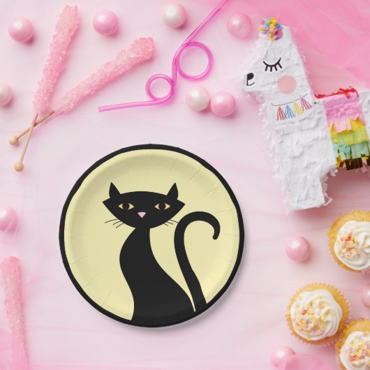 Zwarte Kat op geel Papieren Bordje (Feest)