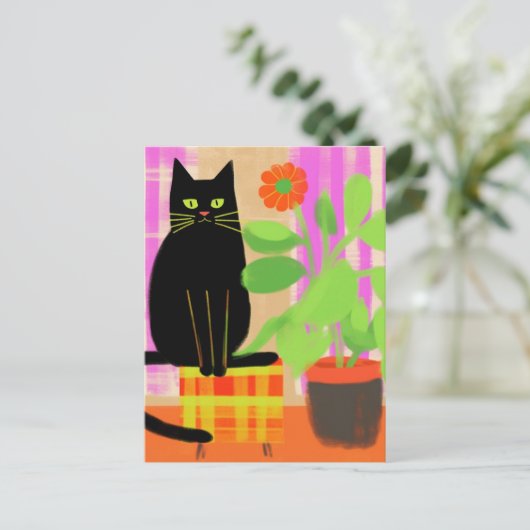 Zwarte kat op geruite stoel  bloemschilderij briefkaart (Staand voorkant)