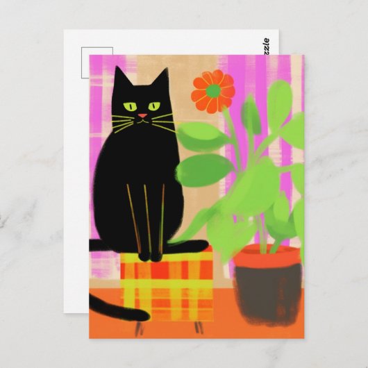 Zwarte kat op geruite stoel  bloemschilderij briefkaart (Voorkant / Achterkant)