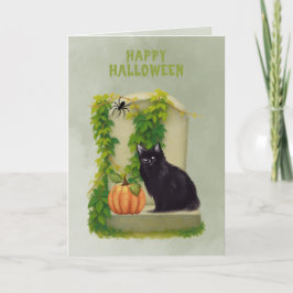 Zwarte Kat op Graf Gelukkig Halloween Kaart