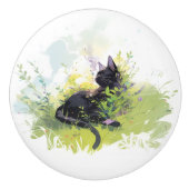 Zwarte Kat op Gras Ceramische Pull Keramische Knop (Voorkant)