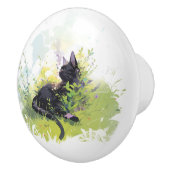 Zwarte Kat op Gras Ceramische Pull Keramische Knop (Rechts)