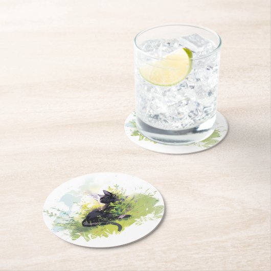 Zwarte kat op graspapier Onderzetter (Insitu)