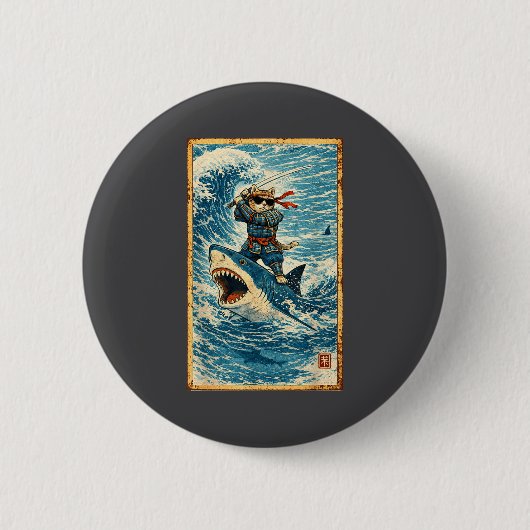 Zwarte Kat op Haai Retro Golf Krijger Grappig Ronde Button 5,7 Cm (Voorkant)