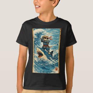 Zwarte Kat op Haai Retro Golf Krijger Grappig T-shirt