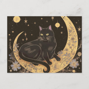 Zwarte Kat op Halve Maan Zwart Goud Halloween Feestdagenkaart