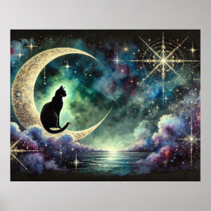 Zwarte kat op halvemaan met sterrenhemel poster