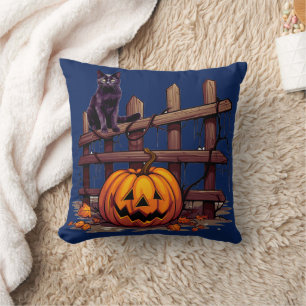 Zwarte kat op hek Jack-O' lantaarn Halloween Kussen