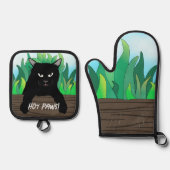 Zwarte kat op hek Oven Mitt & Pot Holder Set (Voorkant)