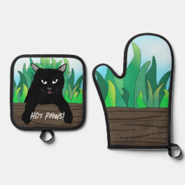 Zwarte kat op hek Oven Mitt & Pot Holder Set