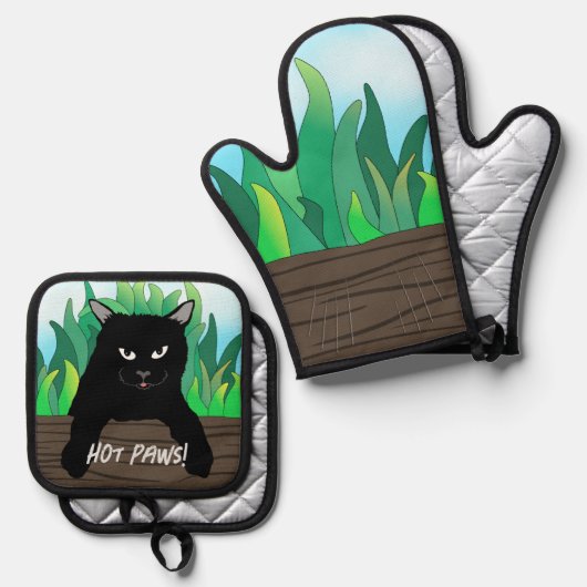 Zwarte kat op hek Oven Mitt & Pot Holder Set (Voorkant / Achterkant)