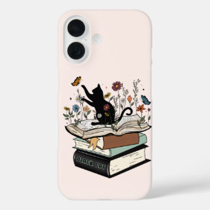 Zwarte kat op het boek Funny Cat iPhone 16 Hoesje