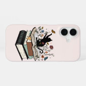 Zwarte kat op het boek Funny Cat iPhone 16 Hoesje (Achterkant horizontaal)