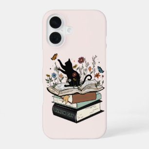 Zwarte kat op het boek Funny Cat iPhone 16 Hoesje