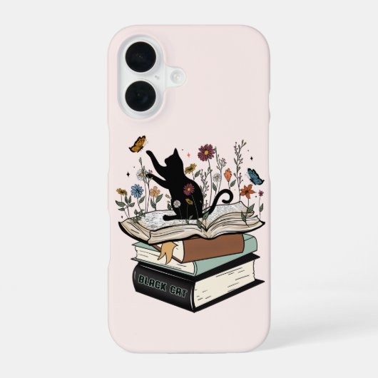 Zwarte kat op het boek Funny Cat iPhone 16 Hoesje (Achterkant)