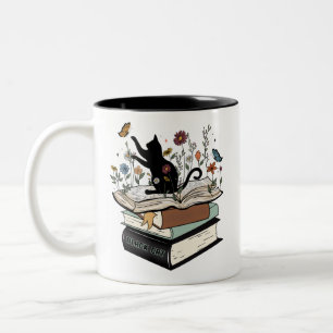 Zwarte kat op het boek Funny Cat Tweekleurige Koffiemok