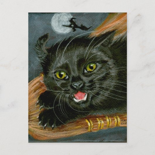 Zwarte kat op het Briefkaart van Broom Halloween (Voorkant)