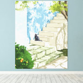 Zwarte kat op het Poster, Griekenland Santorini Canvas Afdruk (Insitu (Houten vloer))